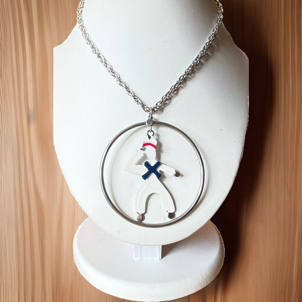 Necklace Large Sailor Enameled Floating Encircled 18” Chain 2.5"Pendant Vtg Rare
